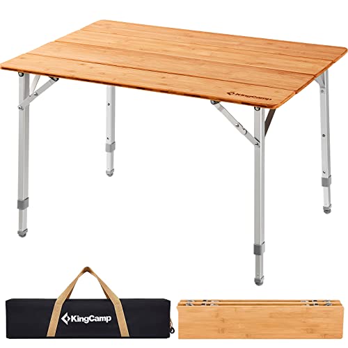 Book Cover KingCamp Bamboo Folding Camping Table 4 Folds Lightweight with Adjustable Height Aluminum Legs Portable Camp Tables in Carry Bag for Indoor Outdoor Picnic Beach
