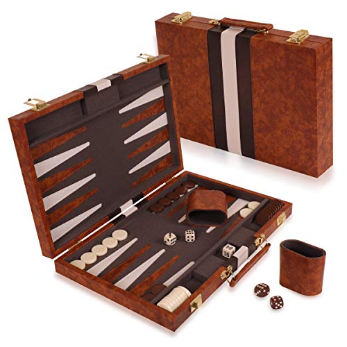 Kangaroo's â€œ15 Inch Faux Leather Vinyl Backgammon Set I Premium Backgammon Board Game with Leather Case I Best Travel Game Sets for Adults I Luxury Foldable Classic Board Game
