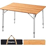 KingCamp Folding Bamboo Camping Table, 4 Fold Lightweight with Height Adjustable Aluminum Legs, Portable Camping Tables in Carry Bag for Indoor and Outdoor