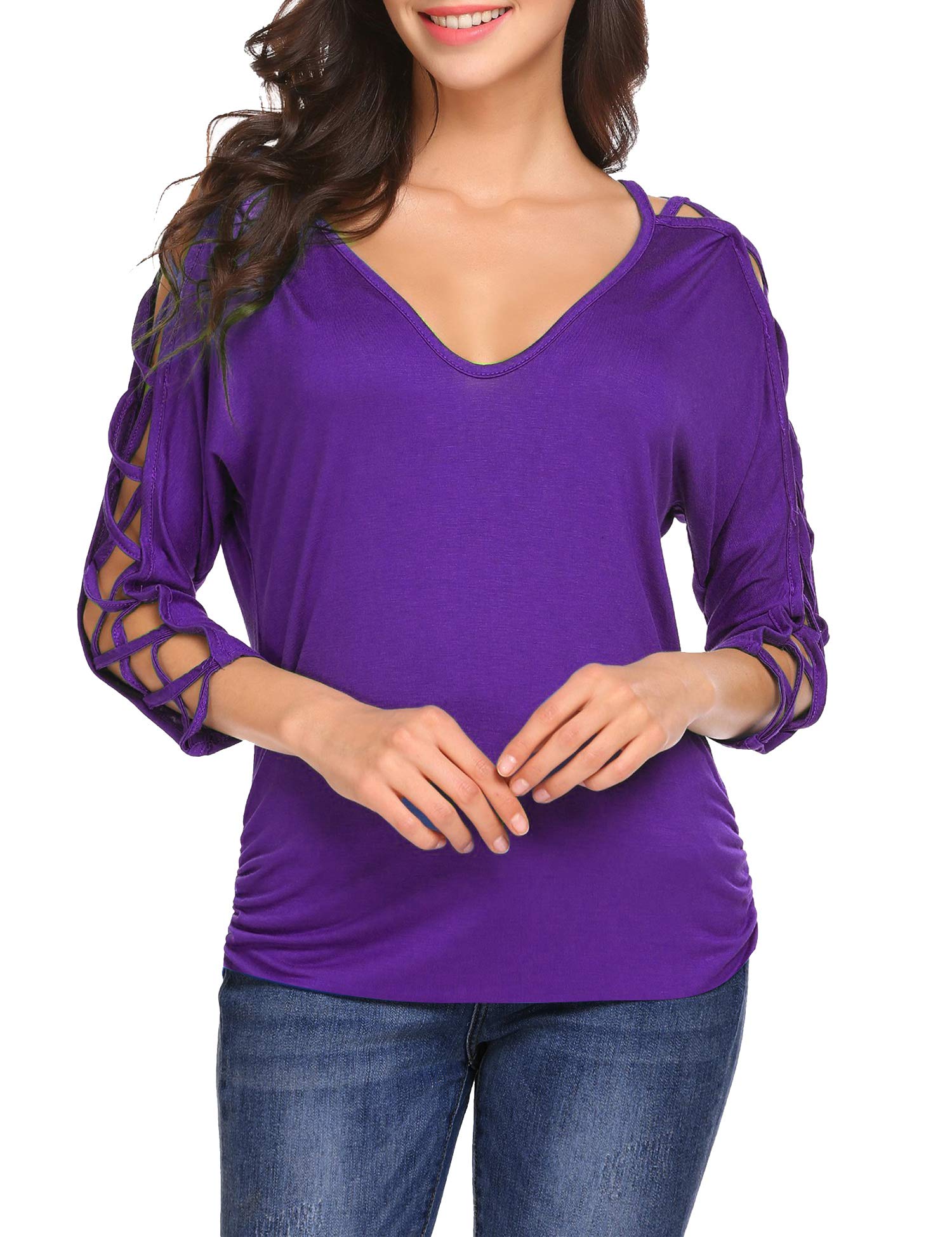 Oyamiki Women's Sexy V Neck Cold Shoulder Tops 3/4 Hollow Out Sleeve Shirts Tunic Blouses
