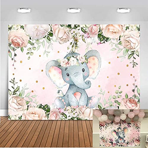 Mocsicka Elephant Baby Shower Backdrop 7x5ft Cute Elephant Floral Photo Booth Backdrops Elephant Birthday for Girl Photography Background