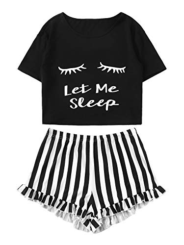 WDIRARA Women's Sleepwear Closed Eyes Print Tee and Shorts Cute Pajama Set