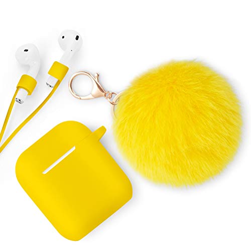 Xmifer AirPods Case - Cute Airpods Case Keychain Drop Proof (Silicone Skin for AirPods Charging Case 2/1) with Fluffy Fur Ball Keychain and Airpods Anti-Lost Strap for Airpods 2/1(Yellow)