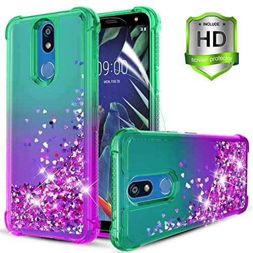 LG K40 Case,LG K12 Plus/LG X4 2019 Case,with HD Screen Protector Flowing Liquid Bling Glitter/Sparkle Heart-Shaped SequinTPU Bumper Heavy Duty Shockproof Protective Case for Women/Girls.Mint/Purple