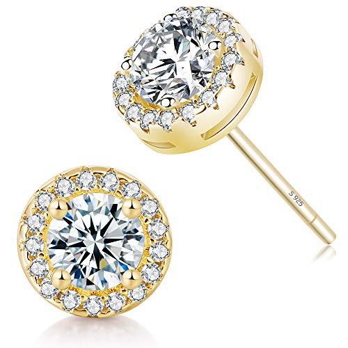 18K Gold Plated Halo Stud Earrings CZ Simulated Diamond Round Earing for Women, Rose Earrings for Man, Sparkle Allure Earrings with Size 0.39inch / 0.27inch, in Rose Gold,White Gold and Yellow Gold