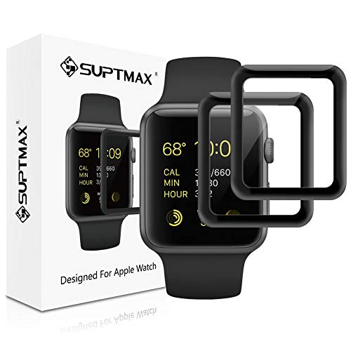 [for Series 2/3] SUPTMAX Screen Protector for Apple Watch Series 3 [3D Full Coverage] Apple Watch Series 2/3 Screen Protector Film [Carbon Fiber Frame + Tempered Glass] (42mm, Black)