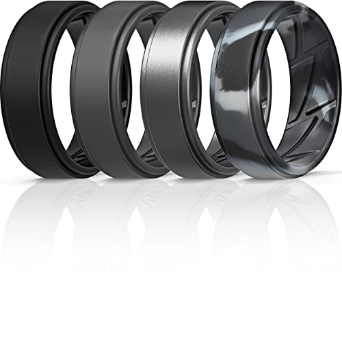 ThunderFit Silicone Wedding Rings for Men Breathable Airflow Inner Grooves - Step Edge Sleek Design Breathable Rubber Engagement Bands - 8mm wide - 2mm Thick