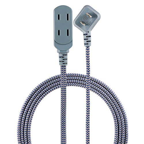 Cordinate 43438-T1, Black/Gray, Designer 3 Extension, 2 Prong Power Strip, Extra Long 15 Ft Cable with Flat Plug, Braided Fabric Cord, Slide-to-Close Safety Outlets, 43438, 15 Ft, 15 Ft