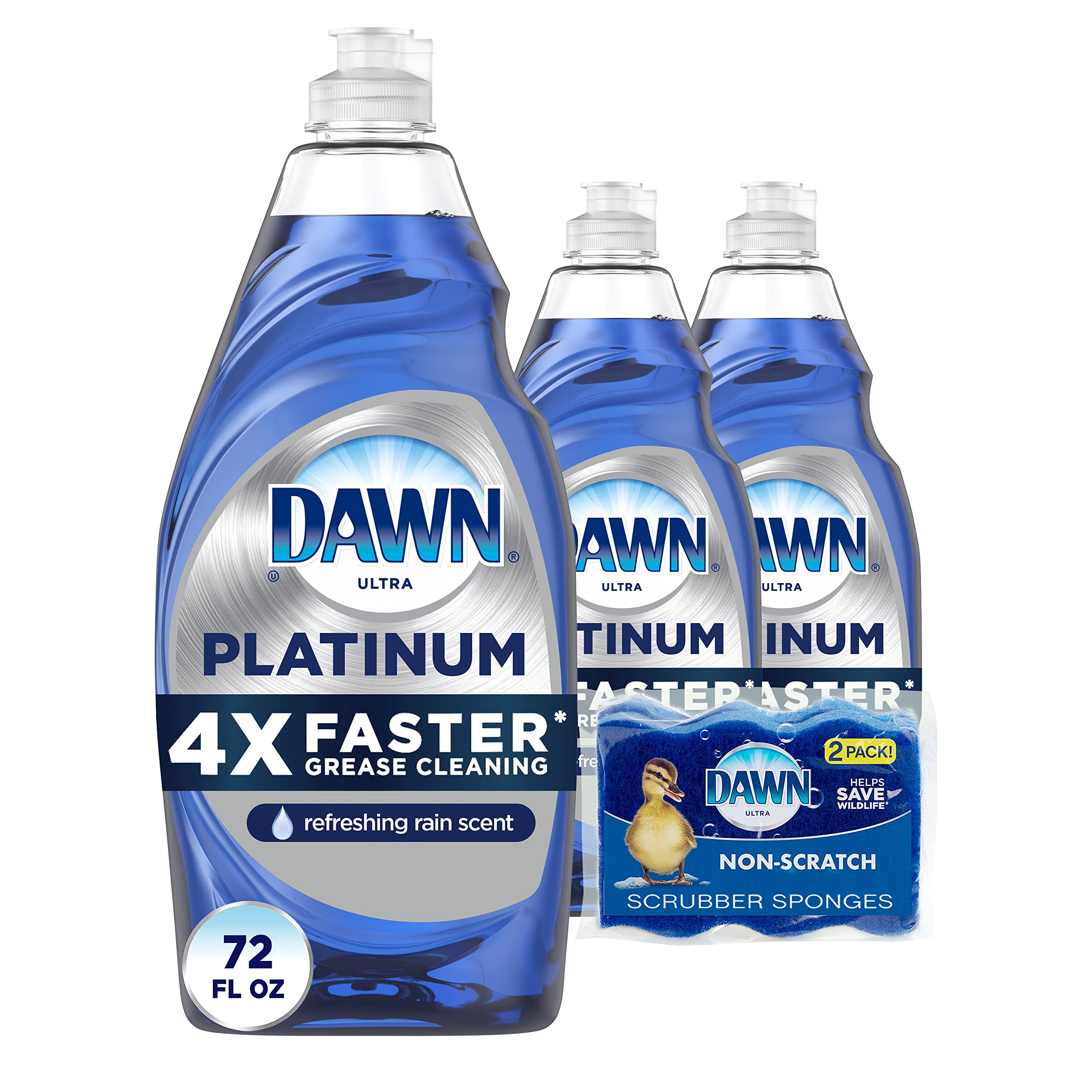 Book Cover Dawn Dish Soap Platinum Dishwashing Liquid + Non-Scratch Sponges for Dishes, Refreshing Rain Scent, Includes 3x24oz + 2 Sponges (Packaging May Vary) Rain 5 Piece Set