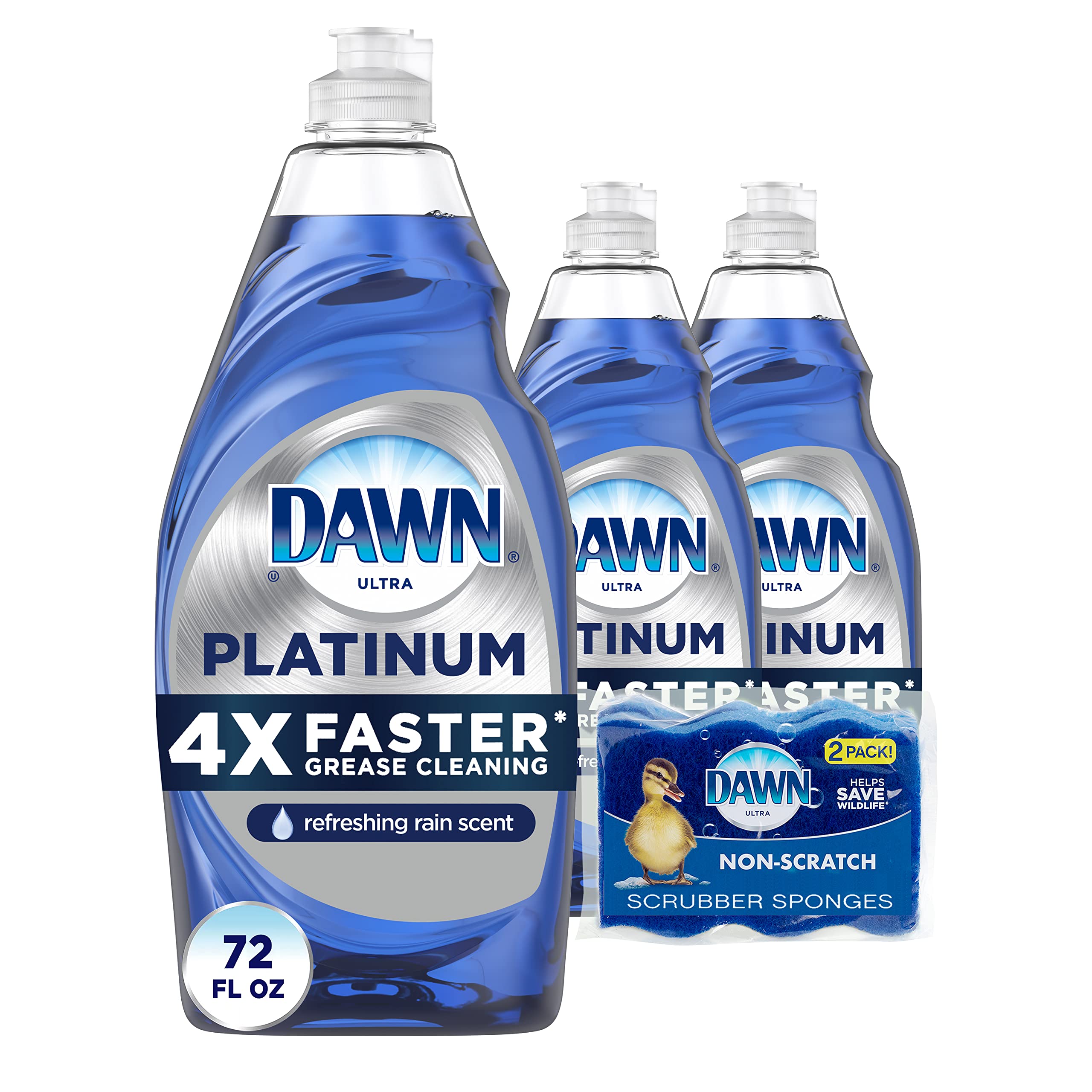 Dawn Dish Soap Platinum Dishwashing Liquid + Non-Scratch Sponges for Dishes, Refreshing Rain Scent, Includes 3x24oz + 2 Sponges (Packaging May Vary) Rain 5 Piece Set