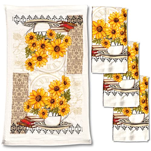 Book Cover JJ Collection 4 Pack Absorbent Kitchen Dish Towels 15x25 Cotton Poly (Sunflower)