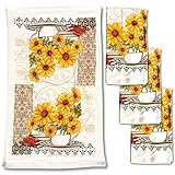 Lobyn Value Packs – 4-Pack Sunflower Kitchen Towels, 15x25 Lightweight Cotton-Poly Blend, Absorbent Dish Towels with Cozy Farmhouse Design