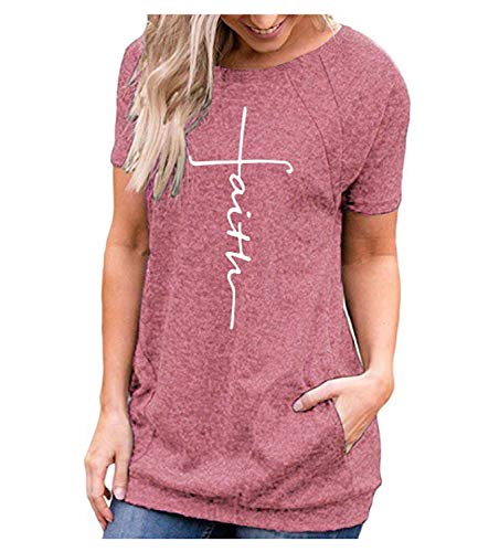 Mansy Women's Summer Short Sleeve Tops Causal Loose Letter Print T Shirt Tunics with Pocket Round Neck
