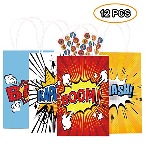 Happy Storm Super hero Party Bags Hero Birthday Party Supplies Favor for Kids Goodie Bags Including 12 PCS Bags 30 PCS Free Stickers Good for Filling with Candies Toys Gifts Baby Shower Party Favors Sets 4 Designs