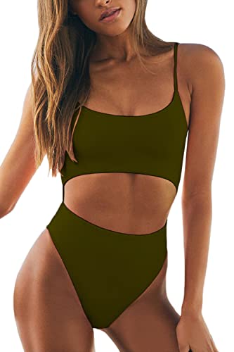 Meyeeka Womens Scoop Neck Cut Out Front Lace Up Back High Cut Monokini One Piece Swimsuit