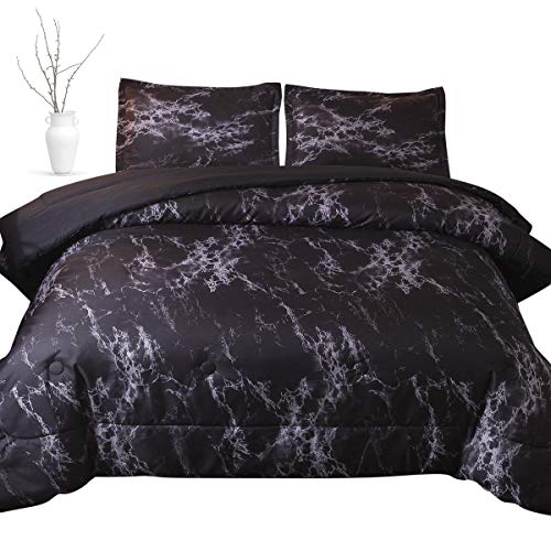 PomCo Marble Comforter Set Queen (90"x90"), 3pcs Soft Lightweight Microfiber Comforter Set-1 Comforter and 2 Pillowcases, Modern Black Marble Print Bedding Set for Kid, Teen, Men, Women, Boy, Girl