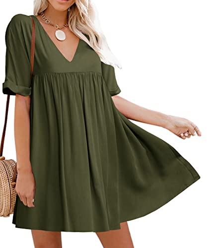 Hestenve Women's Short Sleeve V Neck Pleated Babydoll Solid Color Tunic Party Swing Mini Dress