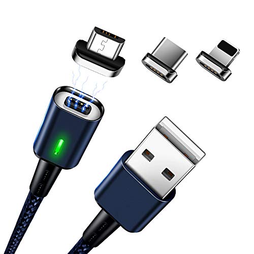 ZRSE Magnetic Charging Cable, Micro USB Cable, Type C Cable Fast Charging, 3 in 1 Nylon Chager Phone Cable 3.3 Feet with Led (Blue)