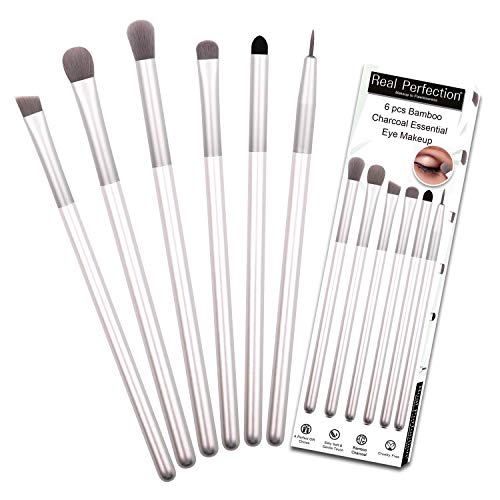 Eye Makeup Brush Set, Real Perfection 6 pcs Essential Bamboo Charcoal Makeup Brushes Set, Blending Eye Shadow Shader Eyebrow Eyeliner Brush Smudge Eye Sponge For Your Flawless Eye Makeup (Silver)