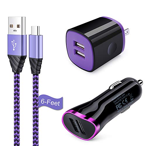USB Type C Car Charger, Flecom Dual Port USB Wall Charger with 6FT Braided Cord USB Cable Fast Charging Compatible for Samsung Galaxy Note 8 S9 S8, A10E A20E A50, LG Stylo 4/5