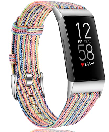 Maledan Compatible with Charge 3 Bands and Charge 4 Bands for Women Men, Soft Woven Fabric Replacement Band for Charge 4/Charge 3/Charge 3 SE, Small, Rainbow Pattern