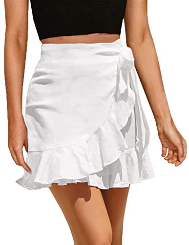 ChainJoy Womens High Waist Ruffle Hem Tie Wrap Skirt Summer Casual A Line Overlap Skirt