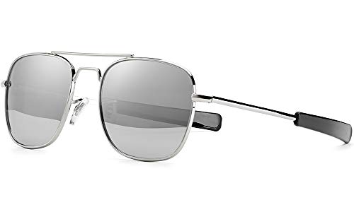 Mens Aviator Sunglasses Polarized Lense Square Metal Frame Military Pilot Shades 55mm with Bayonet Temples for Women,Silver Frame Silver Mirrored Lens