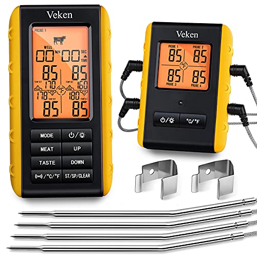 Veken Meat Thermometer for Grilling, BBQ Wireless 4 Probe Remote, Instant Read Digital Cooking Grill Thermometer, Food Thermometer for Oven & Smoker & Roasting, 490 Feet