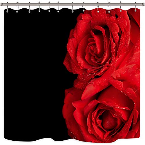 Riyidecor Red Rose Shower Curtain Floral Blossom Black Background Rustic Flower Bloom Abstract Vintage Decor Fabric Set Polyester Waterproof 72x72 Inch 12 Pack Plastic Hooks