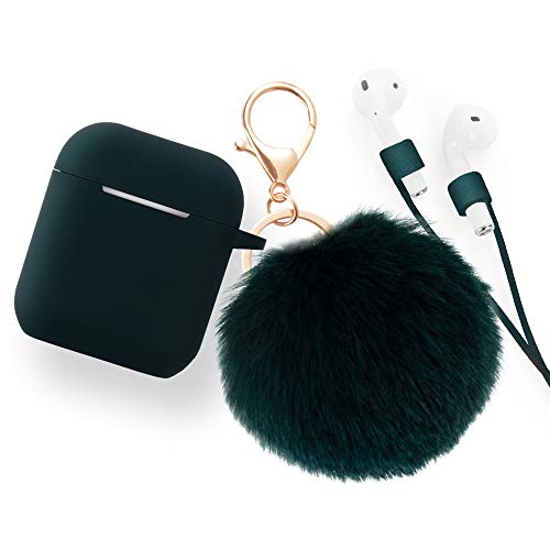 for Airpods Case - BlUEWIND Drop Proof Air Pods Protective Pom Pom Keychain Case Cover Silicone Skin for Apple Airpods 2 & 1 Charging Case, Cute Fur Ball Airpods Keychain/Strap (Dark Green)