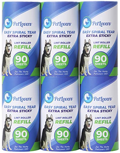 PetLovers Lint Roller Refills - 540 Sheets, Extra Sticky Sheets for Pet Hair, Lint Remover, and Dog & Cat Hair Removal, 6 Pack of Refills