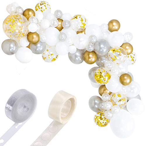 AlexBasic Party Balloons 112 Pcs White & Gold Metallic Balloons Latex Balloons Arch with Decorating Garland Strip & Glue Dots for Wedding, Baby Shower, Party