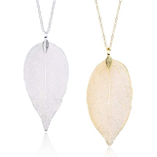 Set of 2 Gold and Silver Long Leaf Necklaces for Women Grils Real Natural Leaf Jewelery Set Statement Jewelry