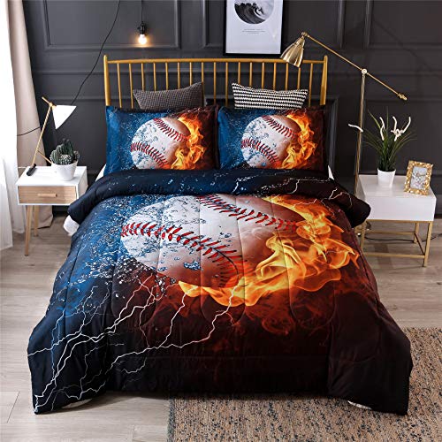 A Nice Night Baseball with Fire Print Comforter Quilt Set Bedding Sets for Teen Boys (Baseball,Full Size)