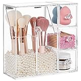HBlife Makeup Brush Holder, Acrylic Makeup Organizer with 2 Brush Holders and 3 Drawers Dustproof Box, Free Beige Pearl Included