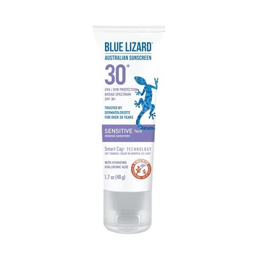 Book Cover Blue Lizard SENSITIVE FACE Mineral Sunscreen with Zinc Oxide and Hydrating Hyaluronic Acid, SPF 30+, Water Resistant, UVA/UVB Protection with Smart Cap Technology - Fragrance Free, , 1.7 oz.