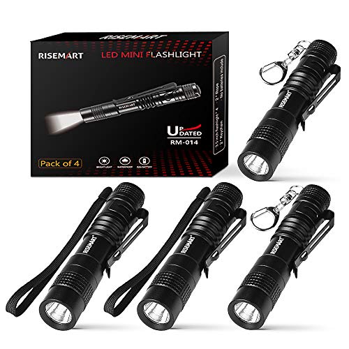 Pocket Flashlights, RISEMART Pen Flashlight Super Bright Small Mini Waterproof 3.5" with Clip and AAA Battery Portable Led Torch Outdoor Gear for Hiking, Camping, Night Stalker (Pack of 4)