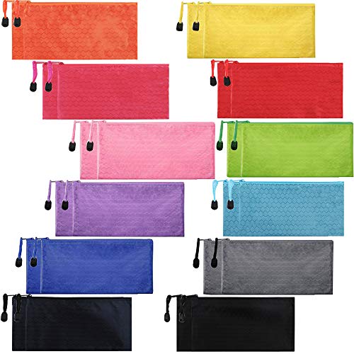 EOOUT 24pcs Zipper Waterproof File Bag Pencil Pouch Pen Case, for Office Supplies Travel Accessories Cosmetic, 12 Colors