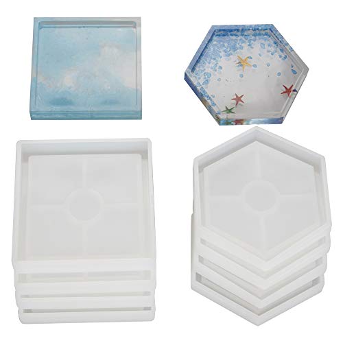 8 Pcs DIY Coaster Silicone Mold, Include 4 Pcs Square, 4 Pcs Hexagon, Molds for Casting with Resin, Concrete, Cement