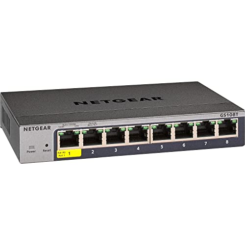 NETGEAR 8-Port Gigabit Ethernet Smart Switch (GS108T) - Managed, with 1 x PD , Optional Insight Cloud Management, Desktop or Wall Mount, Silent Operation, and Limited Lifetime Protection