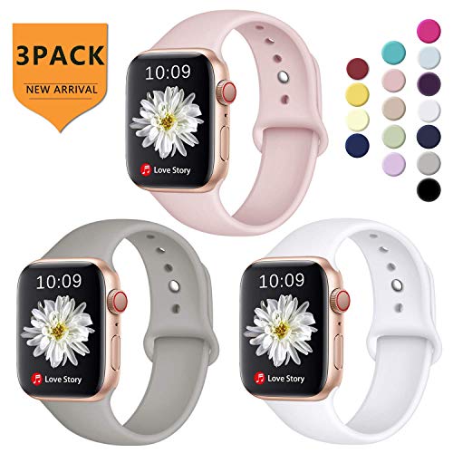 Laffav Compatible with iWatch Band 38mm 40mm for Women Men, Small/Medium, Silicone Sport Replacement Band Compatible with Apple Watch Series 3, Series 4, Series 2, Series 1, White, Pink Sand, Gray