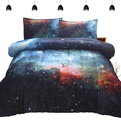 PomCo 3D Galaxy Space Microfiber Comforter Set Full (78"x90"), 3 Pieces Soft Blue Night Sky Comforter Set-1 Comforter and 2 Pillowcases, Reversible Galaxy Bedding Set for Boys Girls Teens Kids