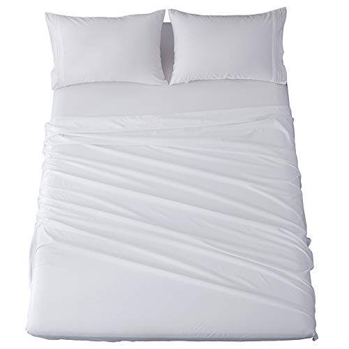 Shilucheng Bed Sheets Set Microfiber 1800 Thread Count Percale Super Soft and Comforterble 16 Inch Deep Pockets - 4 Piece(California King, White)