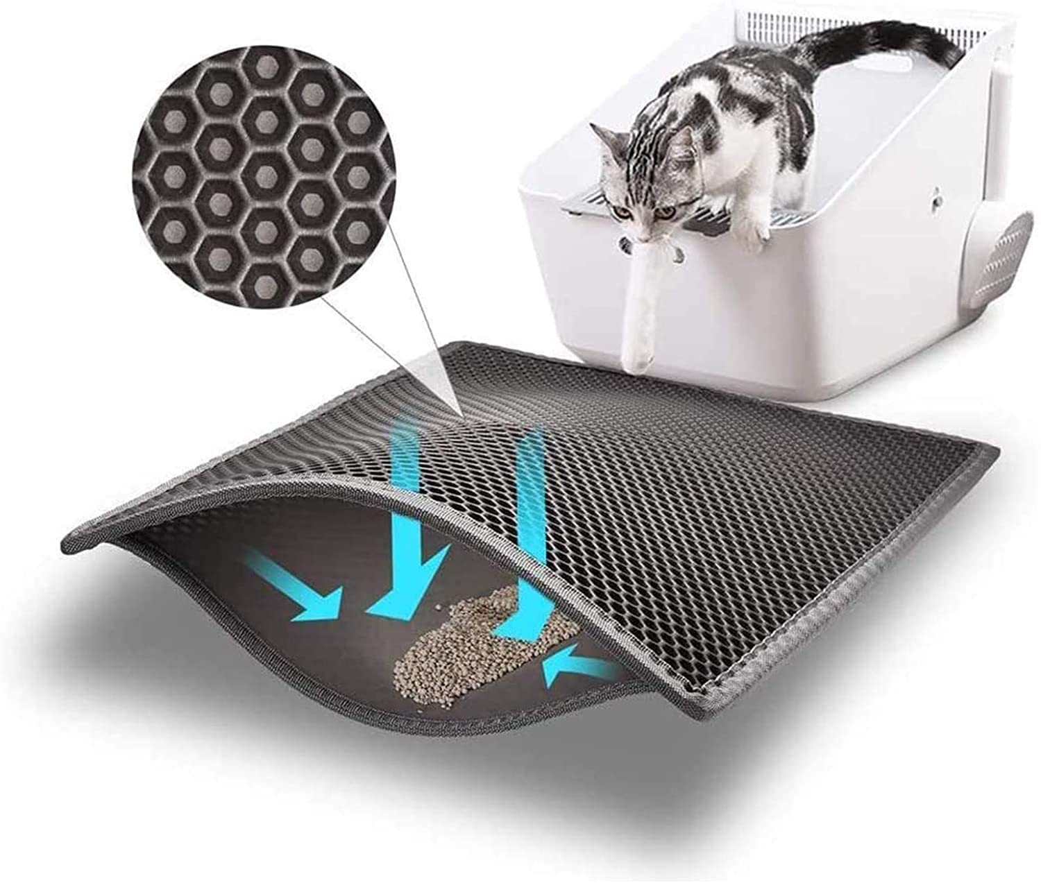 Bull-o Cat Litter Mat Litter Trapper Size 24” X 15”, Honeycomb Double-Layer Design Waterproof Urine Proof Material, 2-Layer Sifting Easy Clean Scatter Control 24*15 gray