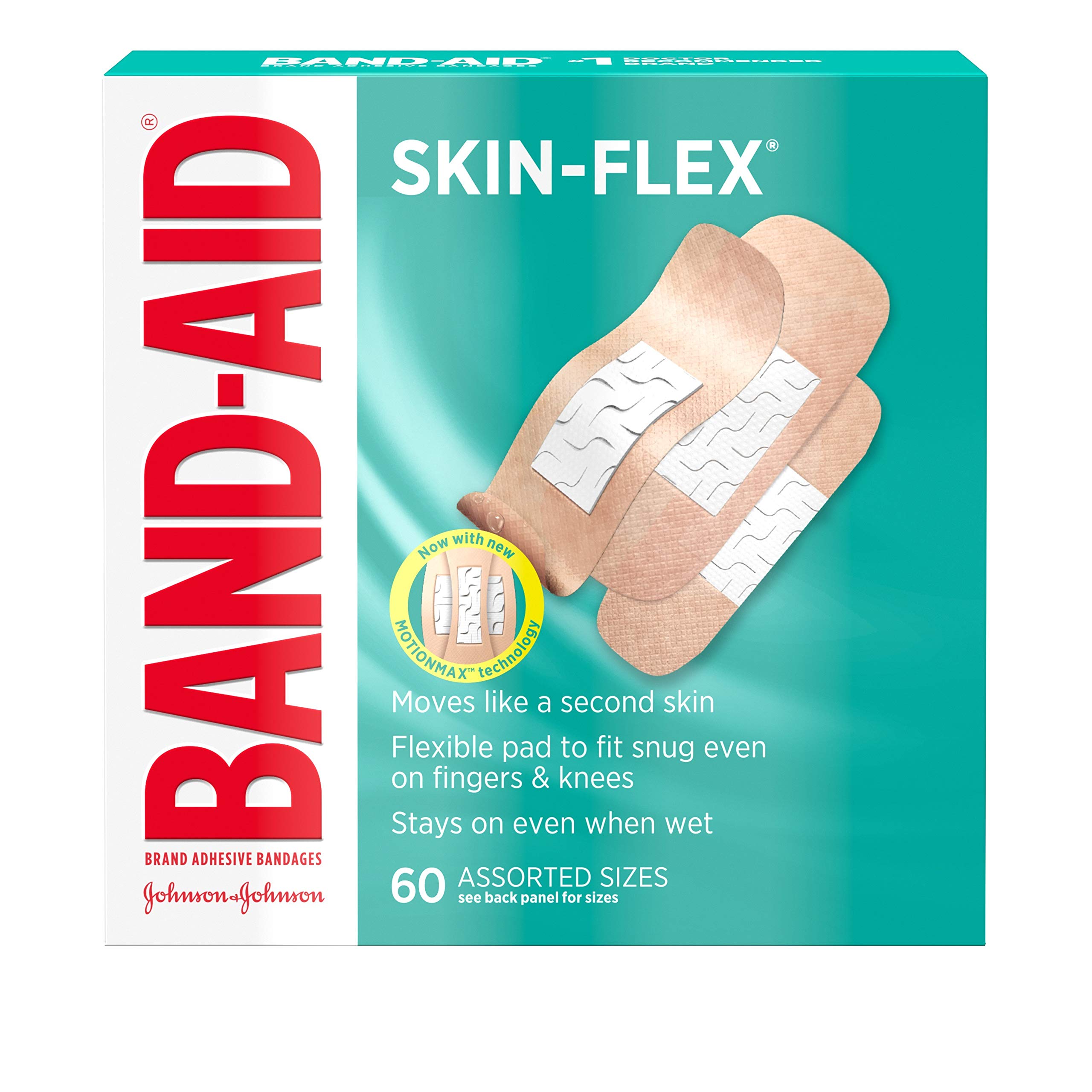 Band-Aid Brand Skin-Flex Adhesive Bandages for First Aid & Wound Care of Minor Cuts, Scrapes & Burns, Flexible Sterile Bandages Great for Fingers, Hands & Knees, Assorted Sizes, 60 ct 60 Count (Pack of 1)