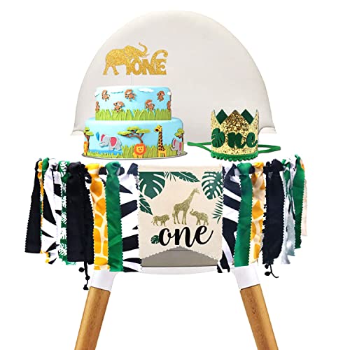 Vansolinne Jungle Safari Highchair Banner Tropical Wild One Themed 1st Birthday Party Decorations Crown Hat Cake Topper Set Baby Boy Zoo Animals Party Supplies Set of 3