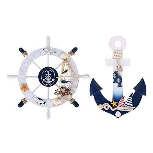 Skelang 2 Pcs 11" Wooden Ship Wheel and Wood Anchor with Fish Rope Net Seashells Ornaments, Boat Steering Rudder Decor for Nautical Theme Wall Decor, Beach Theme Home Decoration