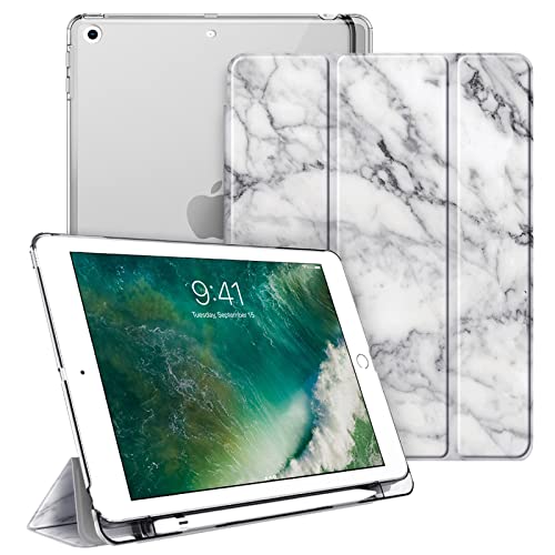 Fintie Case with Built-in Pencil Holder for iPad 6th / 5th Generation - Lightweight SlimShell Cover with Translucent Frosted Back, Supports Auto Wake/Sleep for iPad 9.7 Inch 2018/2017, Marble White