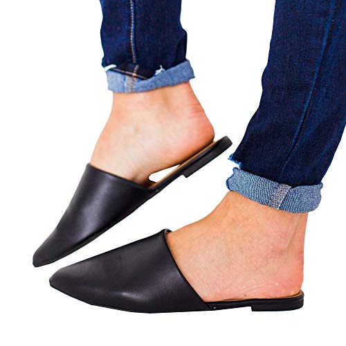 FISACE Womens Backless Slip On Pointed Toe Flat Sandals Low Heel Mule Dress Loafer Slide Slipper Shoes