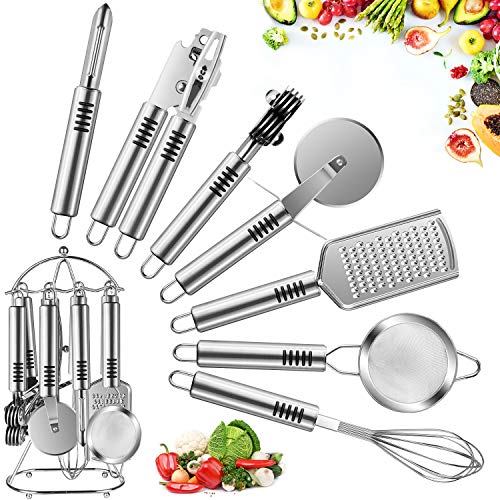 Sveetlife Kitchen Utensils Gadgets, Essential Stainess Steel Utensils Set of 8-Piece Practical Design Tool Set with Utensil Holder for Cooking Meals Housewarming Gift